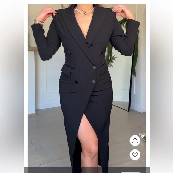 Express Double Breasted Padded Shoulder Tuxedo Maxi Blazer Dress Black Small NWT - Picture 9 of 15